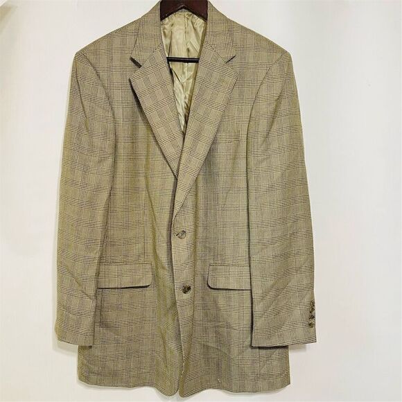 Brooks Brothers Men's Beige Plaid Wool Blazer Jacket Size 43 Long - Picture 1 of 16